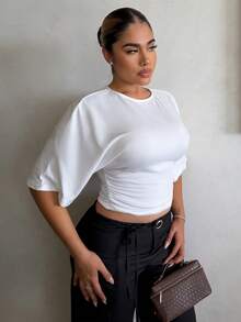 Maria Perezxox Áo thun ngắn tay cánh dơi màu trơn đơn giản, mùa hè - trắng - Xem 5