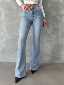 EURMUSE 98%Cotton Zip Solid Color Slant Pocket Front Flare Jeans - Dusty Blue - View 3