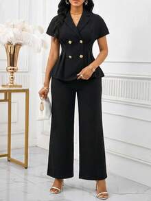 SHEIN Lady 女士纯色翻领双排扣短袖上衣和阔腿裤优雅两件套 - 黑色 - 查看 8