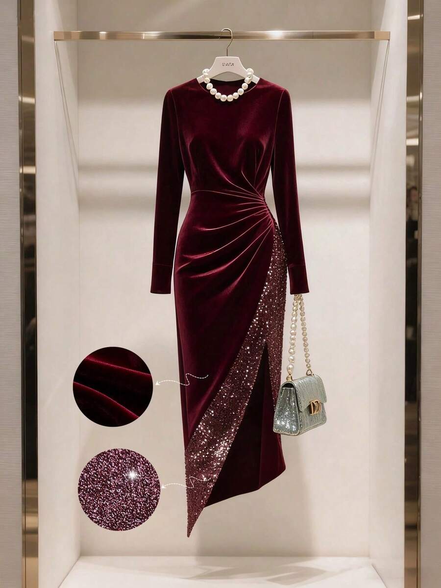 GlowEve CURVE 女士天鹅绒修身收腰优雅日常通勤时尚法式街头复古百搭圣诞派对新年假日商务酒红色长袖连衣裙，秋冬款 - 紅色 - 查看 1