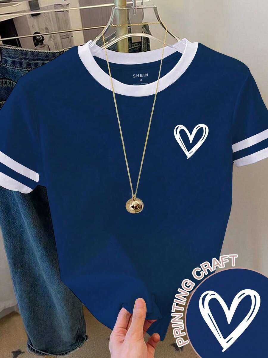 Resyla Women's Casual Heart Print Short Sleeve Ringer Tee, Suitable For Daily Commute In Summer - Navy Blue - View 1