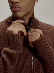 Musero 罗纹针织修身长袖高领毛边做旧风格针织套头衫 冬季必备 - 棕色 - 查看 6