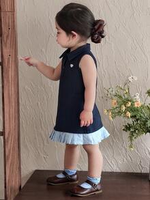 Baby Girl Casual Sleeveless Dress With Collar, Contrast Color And Ruffle Hem Summer Baby Girls Clothes - Navy Blue - View 6