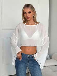 SHEIN EZwear 白色雪纺镶钉薄纱罩衫 - 白色 - 查看 4