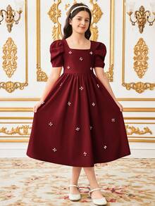 Tween Girl Elegant Pearl Embellished Square Neck Gigot Sleeve Ruffle Hem Woven Satin Dress, Suitable For Weddings, Parties, Birthdays, Gatherings, Spring/Summer - Burgundy - View 5