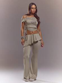 MUSERA 不对称单肩印花束身系带修身上衣，春夏可爱性感街头风夜装芭蕾舞裙假日款 - 卡其色 - 查看 5