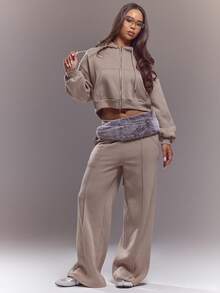 MUSERA Washed Lace Up Back Zip Through Hoodie Tracksuit Top Only Spring Summer Cute Sexy Streetwear Night Out Ballet Sleeze - Khaki - View 5