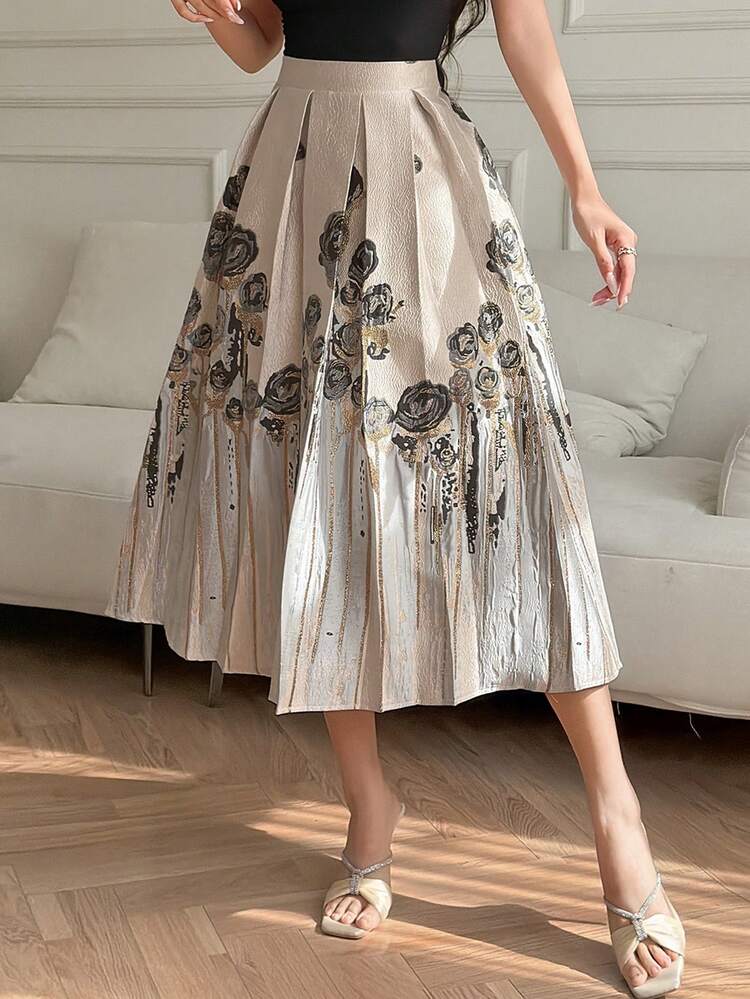Women's Elegant Printed Pleated Skirt, Spring/Summer,Wedding Guest Skirt Women