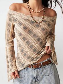 Bohemela Casual Knitted Pattern Lace Off-Shoulder Long Sleeve Slim Fit Women's T-Shirt Valentines For Women Valentine's Day Summer Elegant Spring Women Summer - Apricot - View 4
