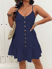 EMERY ROSE Vestido camisero texturizado con cuello en V sin mangas, botones delanteros y volante en el bajo para tallas grandes - Azul Marino - Ver 3