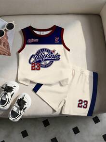 SHEIN Streecool Kids 一套男童休闲时尚运动风套装，包含一件印有数字23和加州字母图案的撞色圆领背心和短裤，针织面料，适合休闲和运动穿着。 - 彩色 - 查看 1