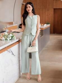 Bộ vest nữ màu trơn dáng thường ngày gồm áo blazer và quần ống rộng, thích hợp cho mùa xuân/hè, hoặc dự tiệc cưới. - màu xanh lá - Xem 3