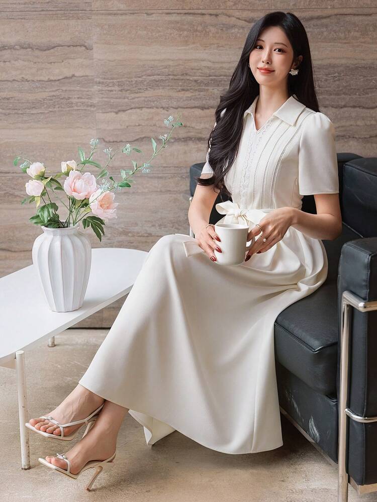 Women's Elegant Lace Patchwork Collar Puff Sleeve Belted Dress, Summer Wedding Guest Dress Sundress