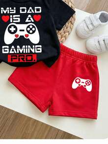 SHEIN 男婴休闲简约新款舒适Y2K电子游戏爱心元素运动T恤套装，适合春夏穿着 - 彩色 - 查看 5