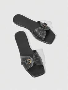 HighSole Sandalias planas de mujer con diseño de hebilla para uso diario - Negro - Ver 3