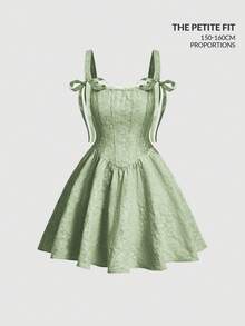 SHEIN MOD Petite 女士提花蝴蝶结装饰时尚迷你连衣裙，适合约会和派对穿着 - 綠色 - 查看 3