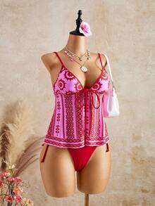 Bellisia Women's Red & Pink Butterfly Print Spaghetti Strap Tie Side Triangle Bikini Top & Bottom Set, Suitable For Spring/Summer - Multicolor - View 3