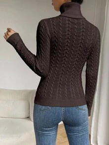 SHEIN Casual Solid Color Turtleneck Sweater, Autumn/Winter - Coffee Brown - View 2