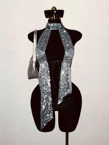 EgrlEra Áo tank top lưới đính đá cho nữ, gợi cảm, xuyên thấu, lấp lánh, thích hợp cho các bữa tiệc ngày lễ. - màu đen - Xem 3