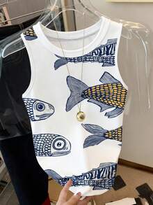 Resyla 鱼图案无袖休闲背心，夏季百搭 - 彩色 - 查看 3