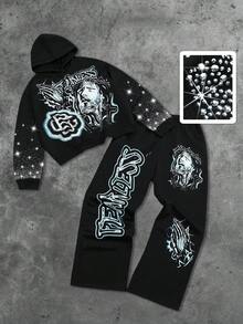 ROMWE MEN Street Life 2pcs Set: Screen Printed Jesus Rhinestone Embellished Hoodie And Pants - Black - View 7