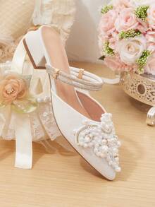 CUCCOO HITCHD 25厘米春夏新款浪漫优雅尖头仿珍珠装饰中跟白色露趾高跟鞋，新娘婚鞋情人节款 - 白色 - 查看 12