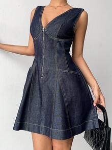 Aloruh Women's V-Neck Zipper Front Sleeveless Casual Denim Dress,Valentine's Day,Summer,Carnival,Beach,Party,Elegant Party Dress,Going Out - Blue - View 3