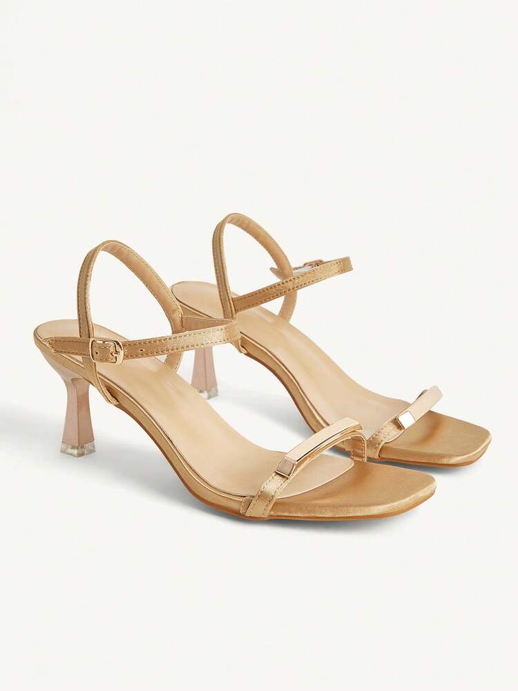 CUCCOO CHICEST Women Shoes Brown Square Toe Kitten Heel Sandals, Simplistic Commute Style Metal Strap Decor, Fashion Blogger Versatile For Christmas Valentine's Day Elegant Shoes