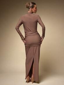 Hauture Women's Elegant Modest High Neck With Long Sleeves And Drape Front Maxi Dress - Brown - View 5