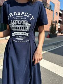 DAZY 字母印花褶皱圆领中长连衣裙 女士吊带裙 - 藏蓝色 - 查看 4