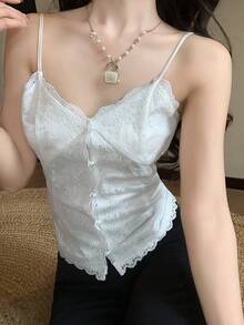 DAZY Women's Lace Trim Camisole, Casual Korean Style Sleeveless Top - White - View 6