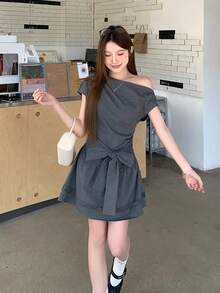 DAZY Đầm midi trễ vai thanh lịch dành cho nữ, thắt eo, chân váy xòe, đầm hè. - Xám - Xem 1