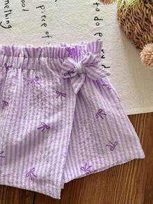 SHEIN LMoss Kids Baby Girl Casual Striped Bow Print Wrap Shorts, Summer - Purple - View 4