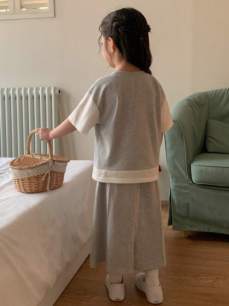 Young Girls' Round Neck Contrast Color 2 In 1 Korean Style Casual T-Shirt And Skirt Set Spring Summer