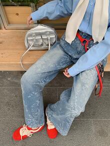 DAZY Quần jeans nữ ống rộng dáng suông in hoa kiểu Hàn Quốc, màu ombre, giặt mài. - Màu xanh lam - Xem 5