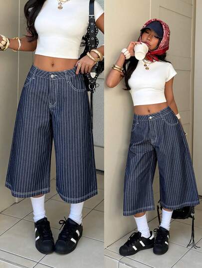 StreetHx Fashionable Casual Street Style Striped Low Waist Wide Leg 7/8 Jeans