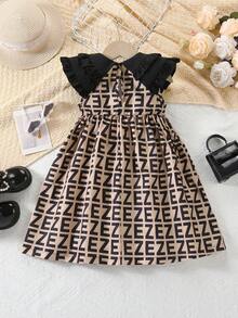 SHEIN Young Girl Elegant Vacation Casual Letter Print Ruffle Hem Sleeveless A-Line Dress - Multicolor - View 2