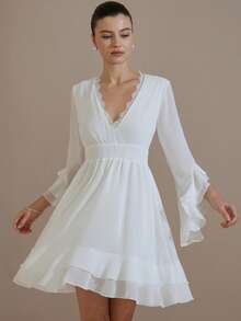 Aveloria Revavyn Luxury Chiffon Contrast Lace V-Neck Waist Cinched Ruffle Hem & Cuff Design Women's Short Dress - White - View 1