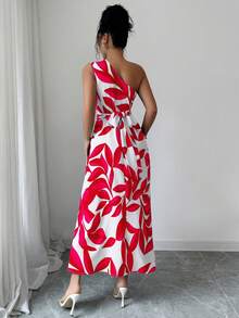 SHEIN PETITE Women's Vacation Plant Print Ruched Waist Elegant Long Dress - Multicolor - View 2