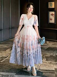 DAZY 女士优雅碎花V领泡泡袖中长连衣裙，夏季吊带裙 - 藍色 - 查看 8