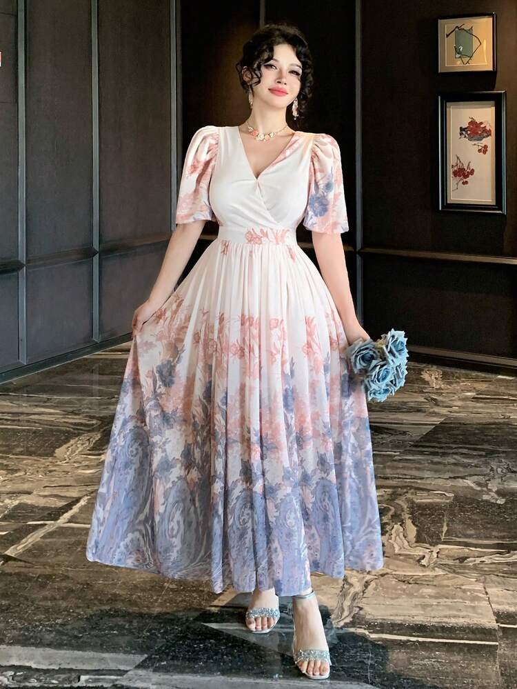 DAZY Vestido midi de mujer con cuello en V elegante, manga abullonada y estampado floral, vestido de verano - Azul - Añade 8