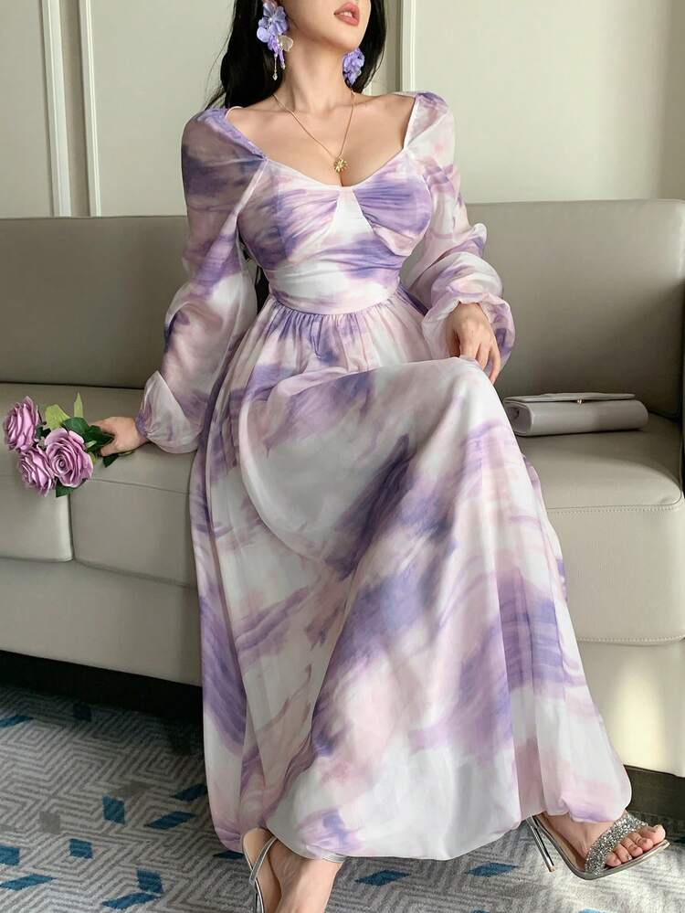 Women's Elegant Ombre Floral Print Mid-Length Dress, Summer Wedding Guest Dress Sundress