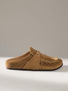 Solecia 复古时尚褶皱金属扣棕色舒适休闲平底鞋，女士款，适合通勤、约会、派对、度假、婚礼等场合。 - 卡其色 - 查看 3