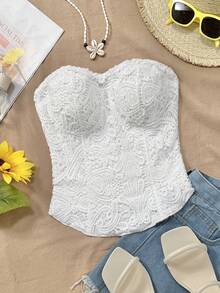 GlowEve 新款优雅性感派对花卉植绒网纱抹胸上衣，适合婚礼/订婚、音乐节/嘉年华、毕业典礼及其他场合。 - 白色 - 查看 1