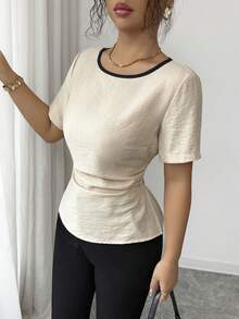 Elenzga Women's Elegant Casual Apricot & Black Bow Tie Design Ruched Waist Short Sleeve Fitted Blouse, Spring/Summer - Apricot - View 5