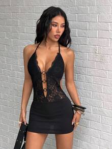 SHEIN Jeanoir Sheer Sexy Lace Backless Hollow Out Design Mini Dress For Women - Black - View 1