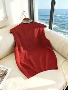 GlowEve Elegant V-Neck Sleeveless Sweater Vest With Scarf For Women, Spring/Summer - Red - View 2