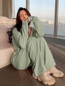 DAZY 2pcs Women Casual Zipper Front Jacket And Wide Leg Pants Set, Spring Summer Hoodie Lounge Sets For Women - Mint Green - View 3