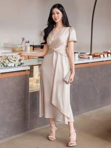 Wynsel 女士优雅纯色V领泡泡袖交叉系带中长连衣裙，夏季婚礼宾客礼服/吊带裙/鸡尾酒裙 - 杏色 - 查看 6