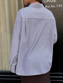 New Vintage Loose Casual 3D Floral Everyday Versatile Striped Shirt - Navy Blue - View 7